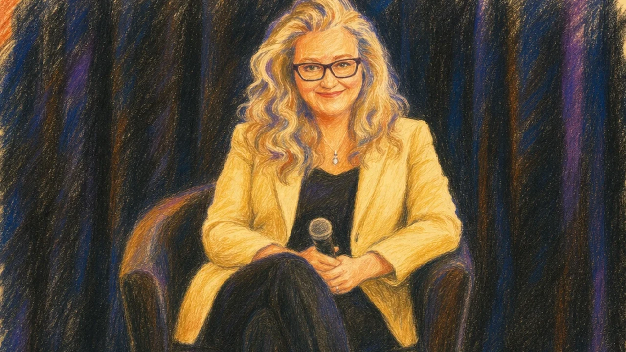 Illustrated portrait of Heather Guidone, BCPA, seated on stage with a microphone