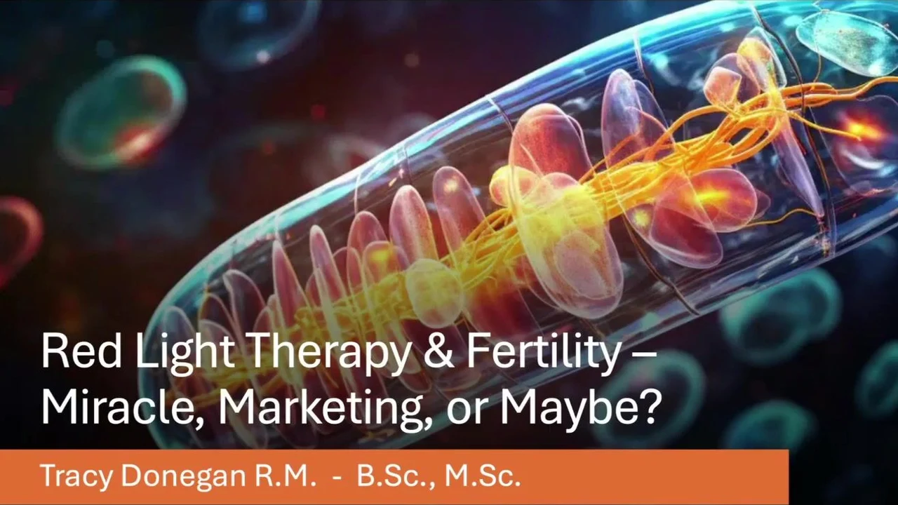 Red Light Therapy and Fertility: Miracle, Marketing, or Maybe? Title slide, Tracy Donegan