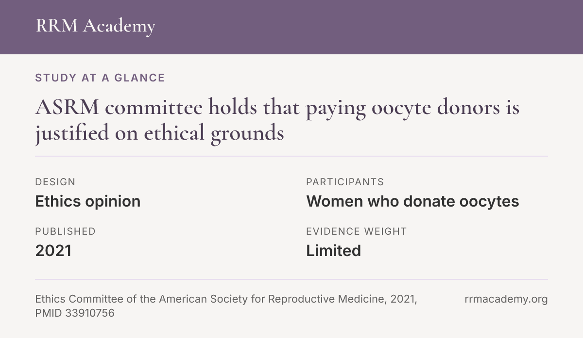 Study at a glance, ethics opinion: ASRM committee holds paying oocyte donors is ethically justified