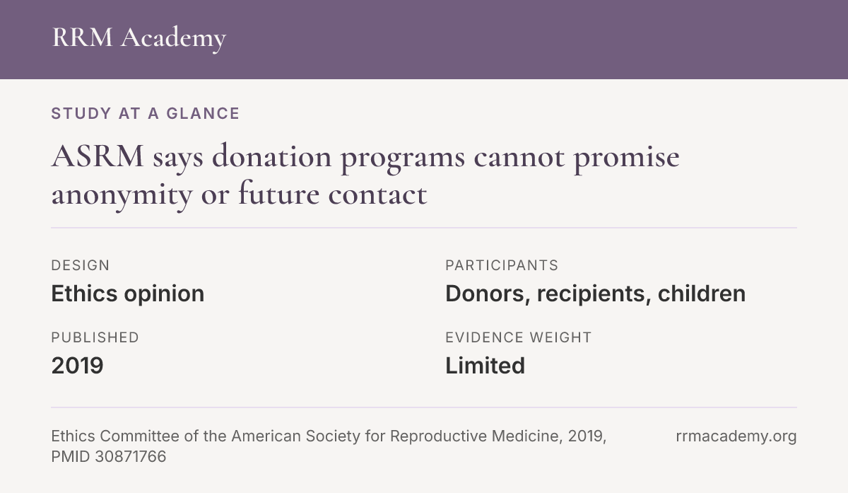 Study at a glance, ethics opinion: ASRM says programs cannot promise donor anonymity or future contact
