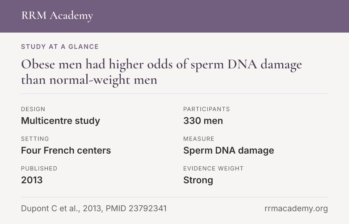 Study at a glance, multicentre study of 330 men: Obese men had higher odds of sperm DNA damage than normal-weight men