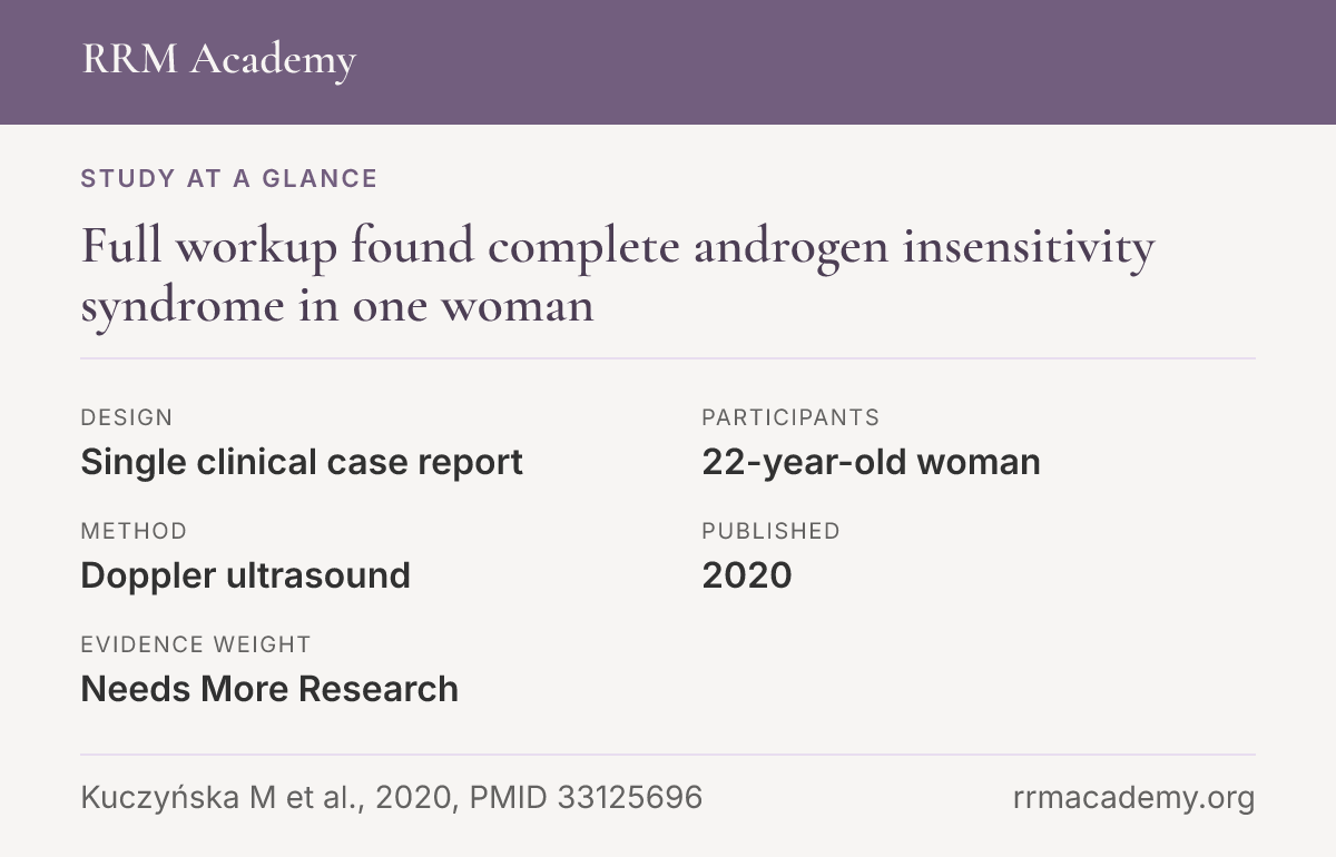Study at a glance, single clinical case report: Full workup found complete androgen insensitivity syndrome in one woman